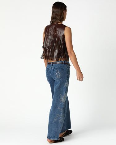 EMBROIDERED SEQUIN BLUE DENIM TROUSERS