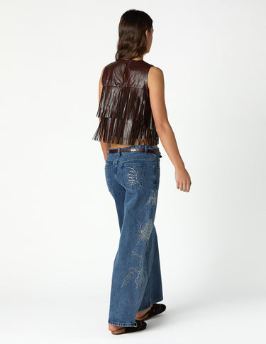 EMBROIDERED SEQUIN BLUE DENIM TROUSERS