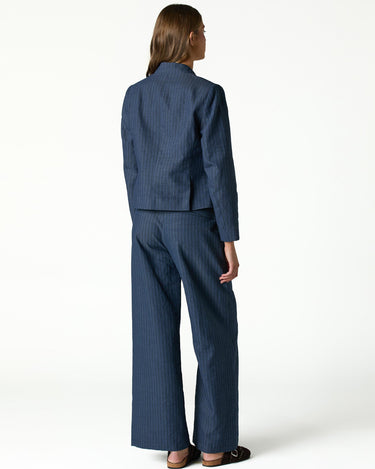 BLUE STRIPED MANDARIN COLLAR BLAZER