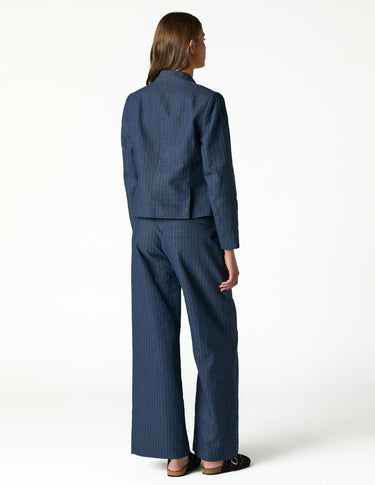 BLUE STRIPED MANDARIN COLLAR BLAZER