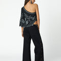 BLACK DENIM SIDE BUTTON FLOWER