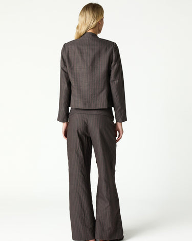 BROWN STRIPED MANDARIN COLLAR BLAZER