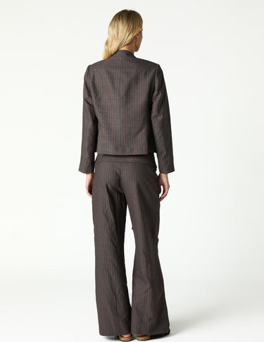 BROWN STRIPED MANDARIN COLLAR BLAZER