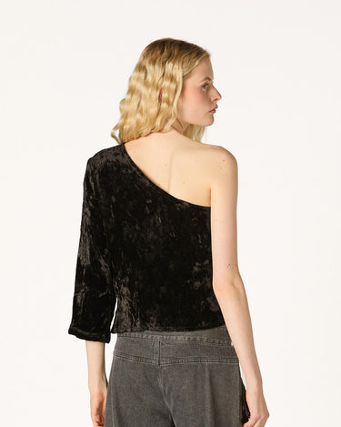 EMBROIDERED VELVET ASYMMETRICAL TOP