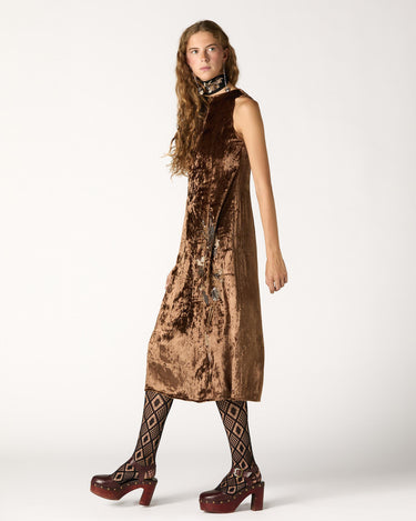 BROWN EMBROIDERED VELVET DRESS