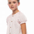 Gathered neck shirt with contrasting pink embroidery