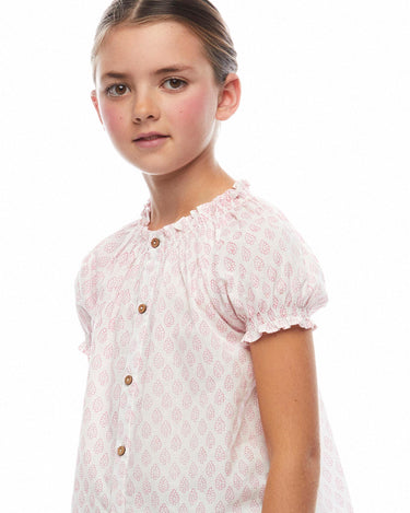 Gathered neck shirt with contrasting pink embroidery