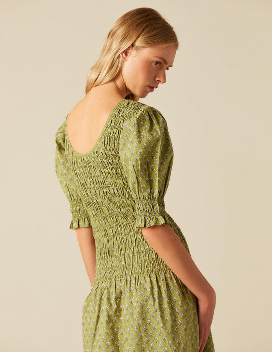 GATHERED DRESS BUTI GREEN LEAF