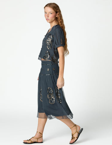 ANTHRACITE EMBROIDERED TULLE SKIRT