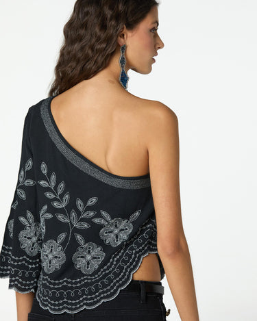 BLACK EMBROIDERED ASYMMETRICAL TOP