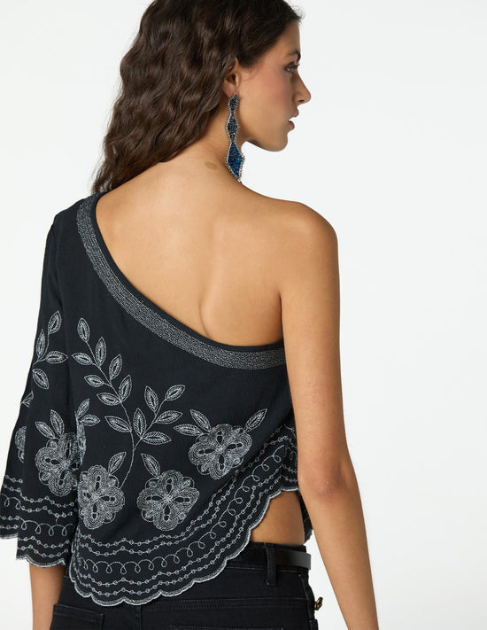 TOP ASIMETRICO NEGRO BORDADO