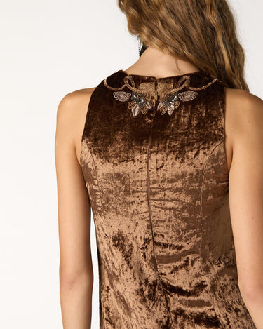 BROWN EMBROIDERED VELVET DRESS
