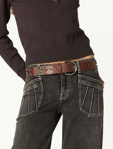 MIXED LEATHER STUDDED BELT BROWN