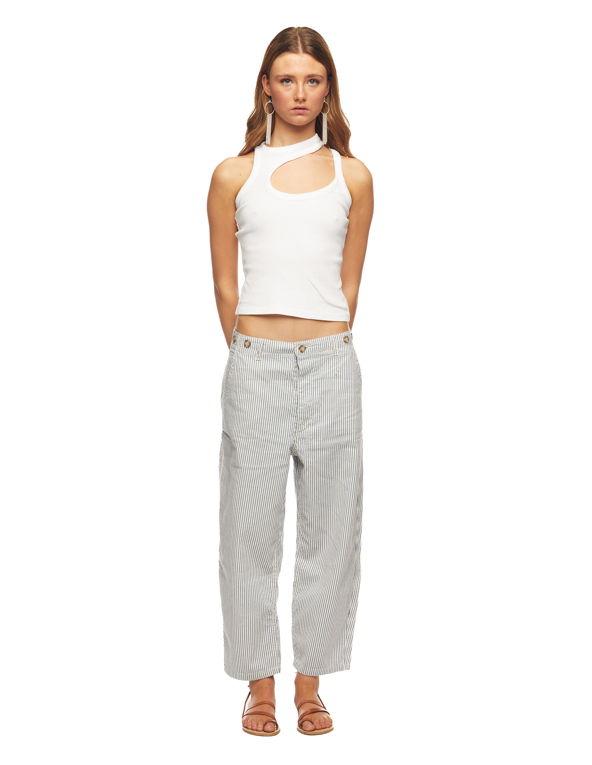 Linen-blend pull-on trousers - White/Blue striped - Ladies | H&M IN